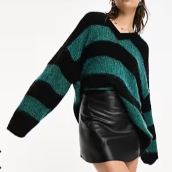 NEW AllSaints Lou Sparkle V neck knitted sweater with stripes - Picture 3 of 5